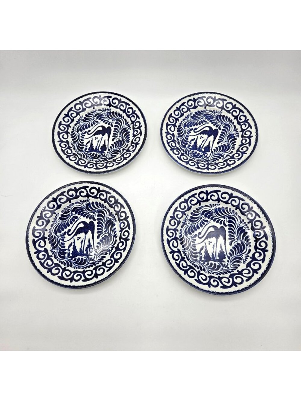 Set Of 4 Vintage Mexican Anfora Puebla Blue Heron Bird Art Pottery Plates